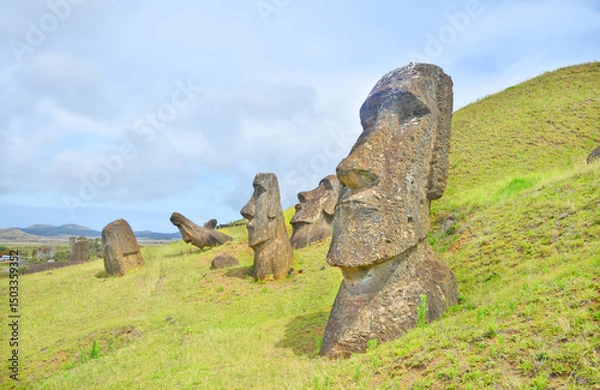 Fototapeta Moai statues abandoned on the slopes of the Rano Raraku volcano on Easter Island