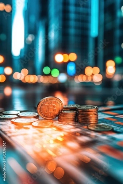 Obraz Bitcoin Coins in City Lights
