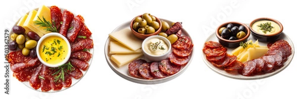 Obraz Set of chic tapas platter with Spanish olives and manchego cheese isolated on transparent background