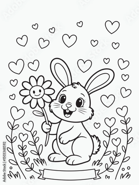 Obraz Happy Bunny Holding a Flower with Hearts Coloring Page