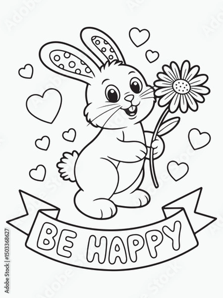 Obraz Happy Bunny Holding a Flower with Hearts Coloring Page