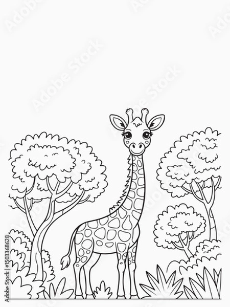 Obraz Happy Giraffe with a Long Neck and Leafy Trees Coloring Page