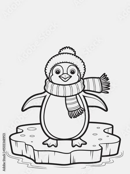 Obraz Happy Penguin Wearing a Winter Scarf Standing on Ice Coloring Page