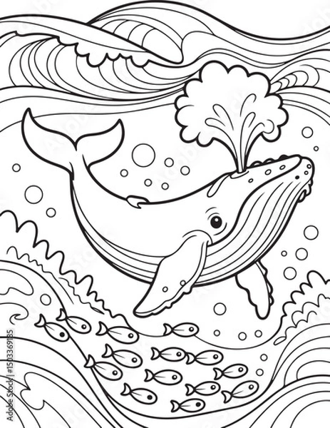 Obraz Happy Whale Spouting Water with Ocean Waves Coloring Page