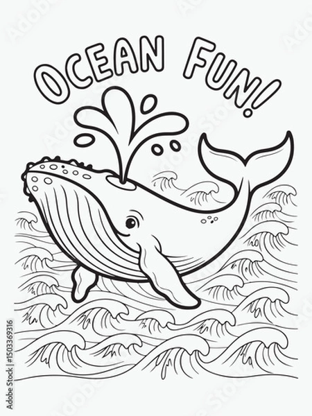 Obraz Happy Whale Spouting Water with Ocean Waves Coloring Page