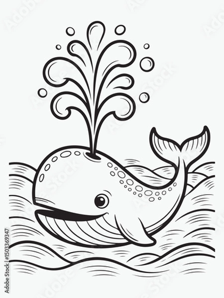 Obraz Happy Whale Spouting Water with Ocean Waves Coloring Page