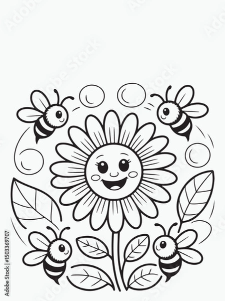 Obraz Simple Smiling Flower with Leaves and Bees Coloring Page