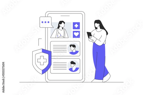 Fototapeta Online medical consultation, telemedicine, medical service for patients, health care by internet with doctor concept. Flat Cartoon Vector Illustration, icon. Stylish abstract design landing page