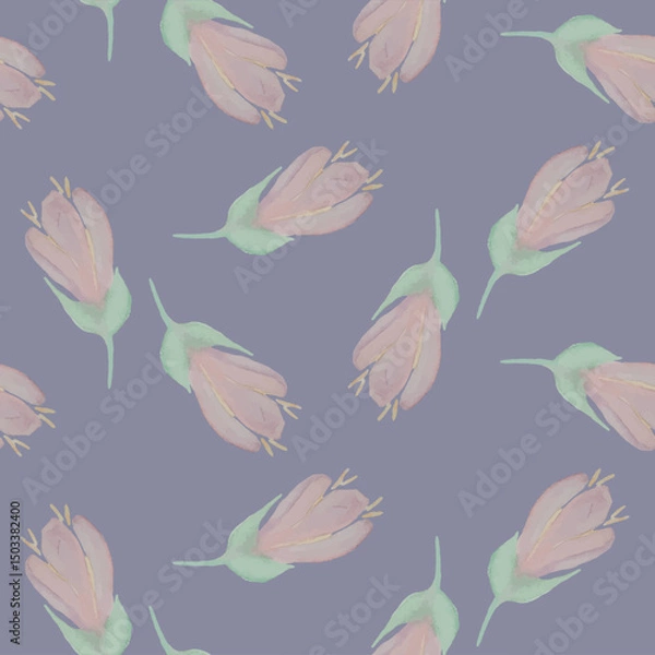 Fototapeta Pink flowers seamless pattern on violet background stock vector illustration for web, for print for bed linen print