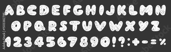 Fototapeta Crayon alphabet and number doodle set. Chalk pencil font with kid letters in sketch style. Hand drawn vector illustration isolated on black background