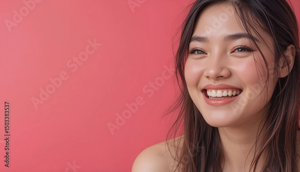 Obraz Close-Up of a Happy Woman Against Pink Background with Copy Space – Joyful Expression and Minimal Aesthetic