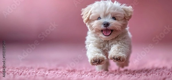 Obraz Adorable Fluffy Puppy Running Towards the Camera on Pink Carpet