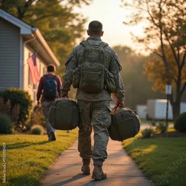 Fototapeta Soldier returning home with duffel bags, walking towards a house with an American flag in the foreground, symbolizing reunion and patriotism.