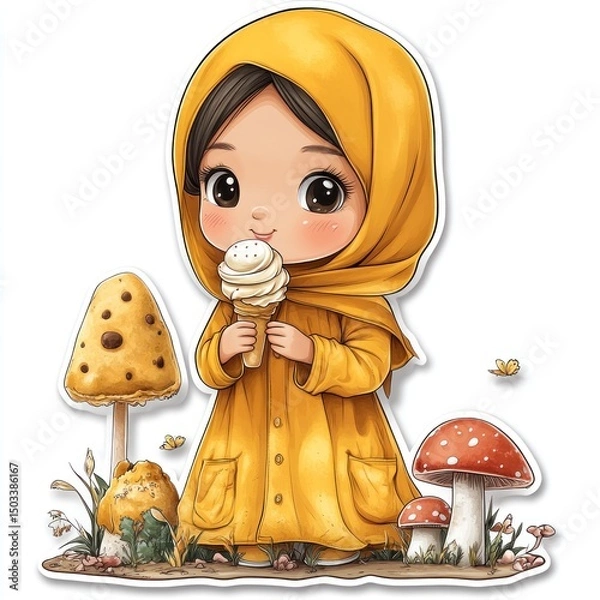 Obraz Adorable Girl in Yellow Hijab Enjoying Ice Cream with Mushrooms
