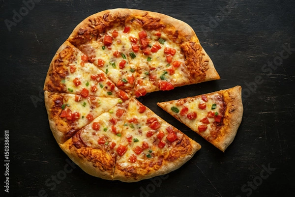Obraz freshly cooked simple homemade pizza with cheese, tomatoes and green onions on thick dough cut into slices lies on black wooden background. top view with copy space