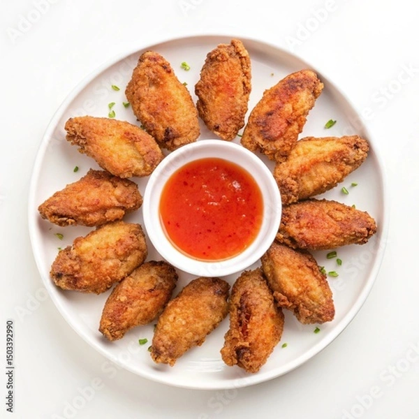 Fototapeta A top view of crispy fried chicken wings arranged around a bowl of red sauce on a white plate