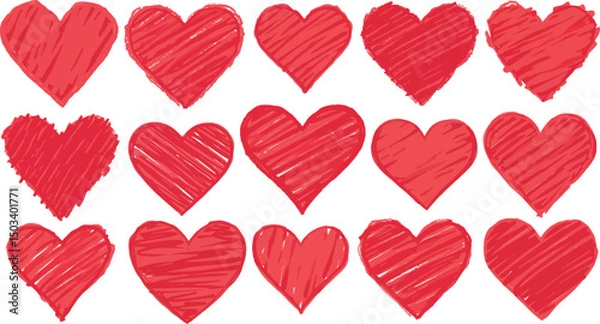 Fototapeta Set of hand-drawn red hearts with various patterns on white background