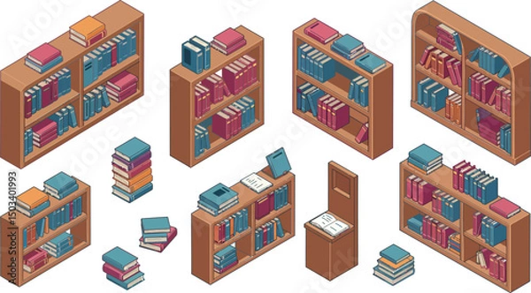 Obraz Isometric bookshelves and stacks with assorted books and notebooks