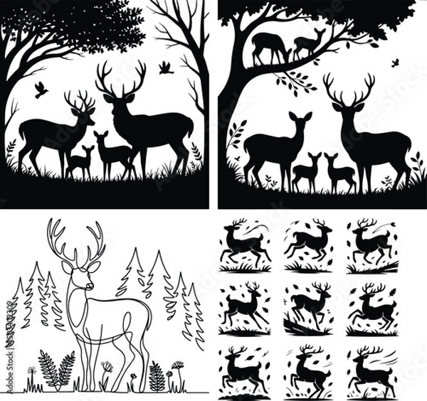 Fototapeta Deer in Forest Silhouette Set – Wildlife and Nature Vector Pack Forest Deer Silhouettes – Wild Animal Clipart for Outdoor Scenes