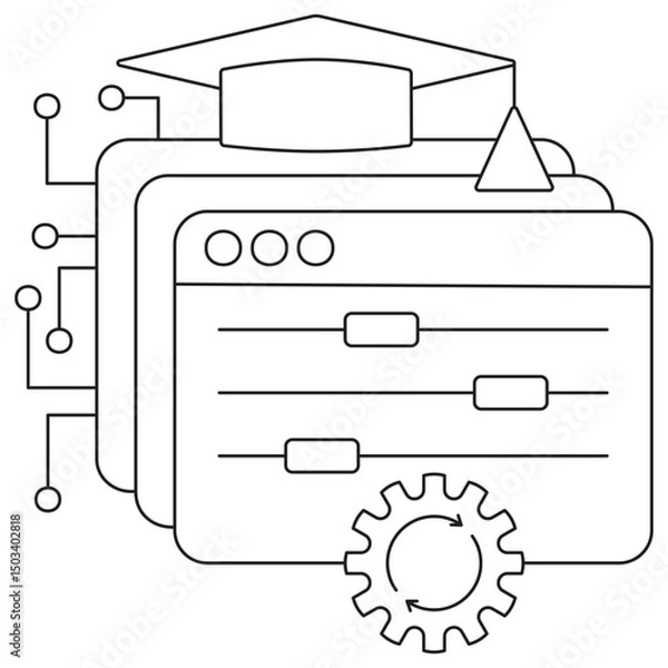 Obraz Icon of AI model tuning and automation with layered screens, adjustment sliders, gear with loop arrows, and academic cap. Vector pictogram with thin black lines, editable line thickness