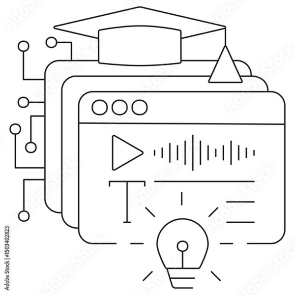 Fototapeta Icon of text-based learning with layered screens, text symbol, audio wave, play button, and light bulb for ideas. Vector pictogram with thin black lines on a transparent. Editable line thickness