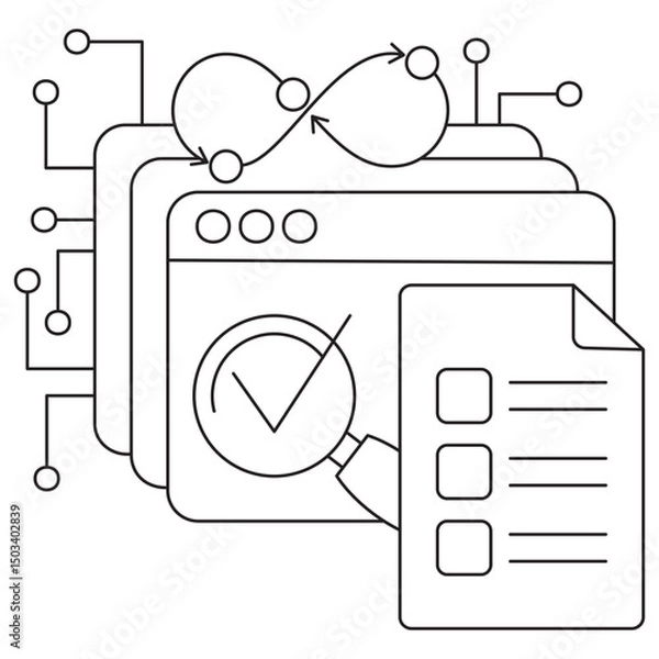 Fototapeta Icon of AI model evaluation with a workflow loop, magnifying glass, checkmark, and checklist document. Vector pictogram with thin black lines on a transparent background, editable line thickness