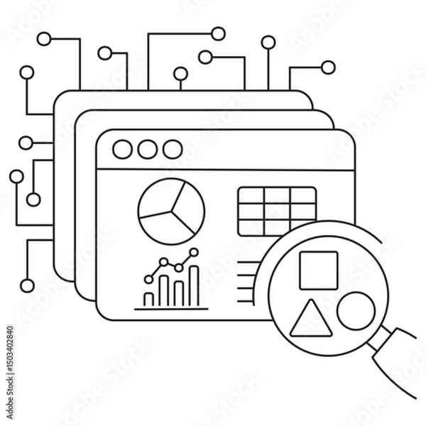 Obraz AI data analysis icon. Vector pictogram with thin black lines on transparent background. Editable stroke thickness. Perfect for analytics, reporting, and machine learning dashboards