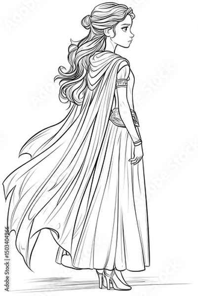 Fototapeta A princess figure in a flowing gown with a cape stands in profile, poised Generative AI