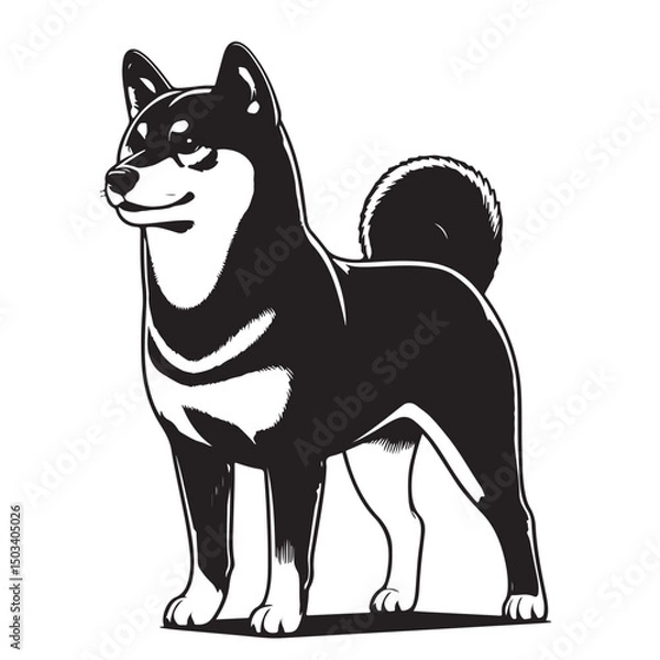 Fototapeta Silhouette Shiba Inu Dog  Black Vector white background illustration Style 