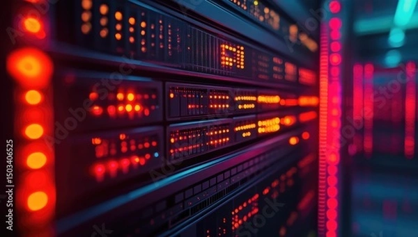 Obraz Intricate server room with glowing lights, showcasing technological prowess.
