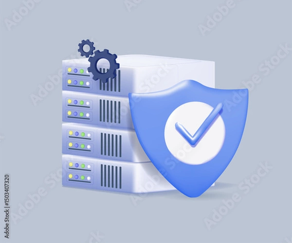Obraz Internet security 3D render vector illustration. Data base server with the shield. Data Center and data protection. 3D concept of Cybersecurity technology, vector illustration.