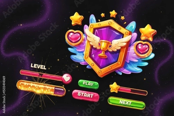 Obraz Shiny gold trophy shielded by wings, stars, buttons, and progress bars float in space
