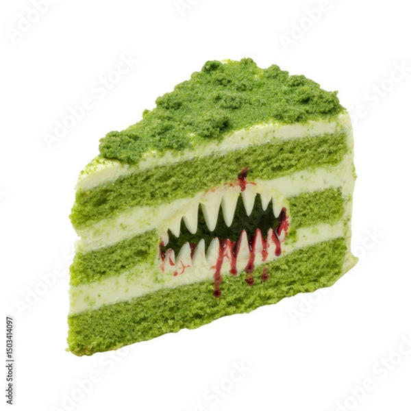 Fototapeta Green Layered Cake with Monster Teeth and Blood Drizzle Effect Isolated on a Transparent Background
