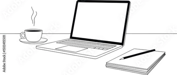 Fototapeta Minimal Line Art Workspace with Laptop, Coffee, and Notebook