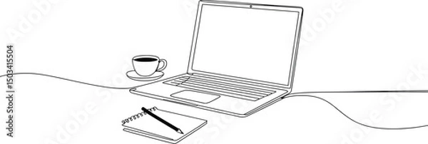 Fototapeta Minimal Line Art Workspace with Laptop, Coffee, and Notebook