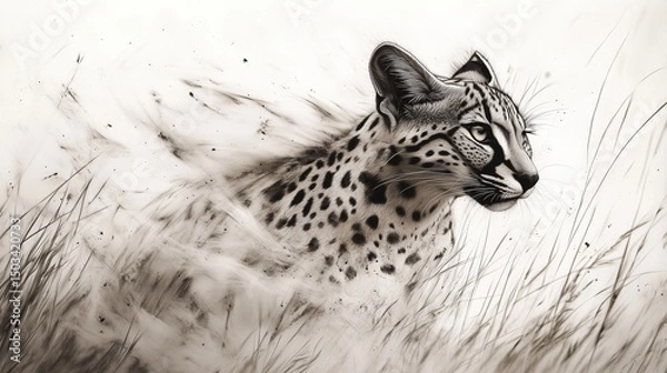 Fototapeta Black and white sketch of an ocelot in grass, dissolving effect.