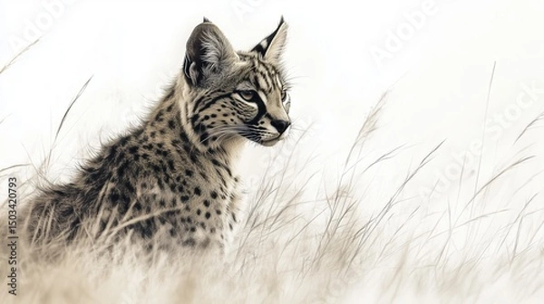 Fototapeta Sepia-toned sketch of a wild cat (lynx/bobcat) in grass.