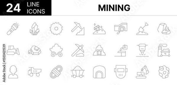 Fototapeta Collection of 24 Mining line icons featuring editable strokes. These outline icons depict various modes of Mining, brick, jewellery, luxury, money, currency, wealth, bulldozer, coal, collection,