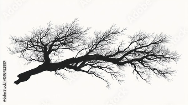 Fototapeta Silhouette of a sprawling, leafless tree branch against a stark white background, showcasing intricate details of the gnarled wood and reaching branches.