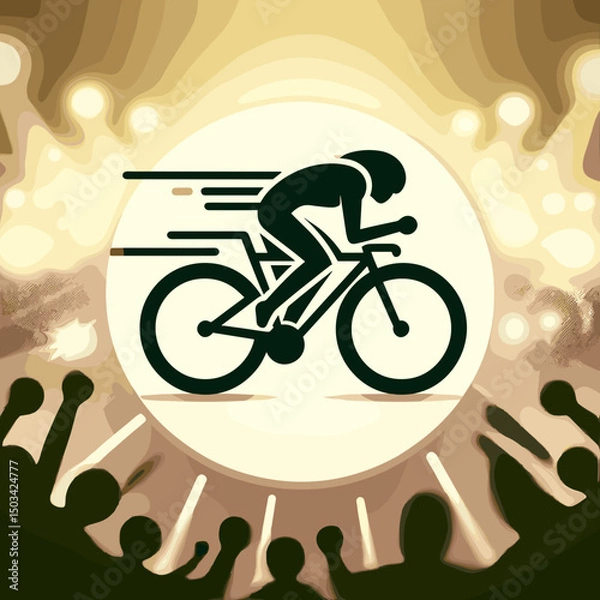 Fototapeta Cyclist racing quickly with cheering crowd in dynamic atmosphere  