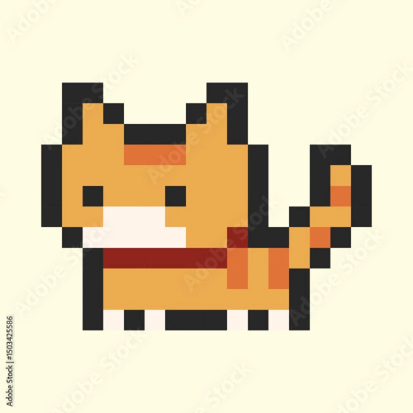 Fototapeta Pixel art of a cute kitten on a white background. Retro vector illustration of a pixel cat on a light background