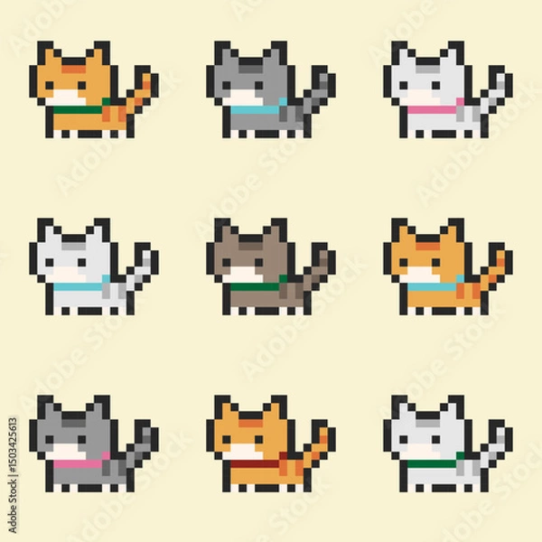 Fototapeta Pixel art of a cute kitten on a white background. Retro vector illustration of a pixel cat on a light background