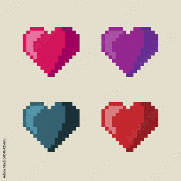Fototapeta Colorful pixel hearts. love icons. Set of pixel hearts in retro style. Vector illustration