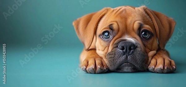 Fototapeta Puppy resting on teal background