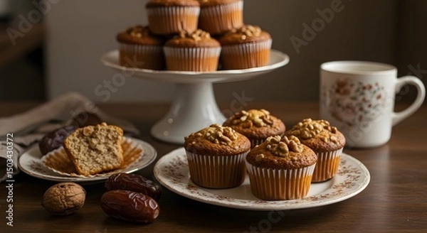 Fototapeta Delicious walnut muffins with dates and coffee on a wooden table, food photography