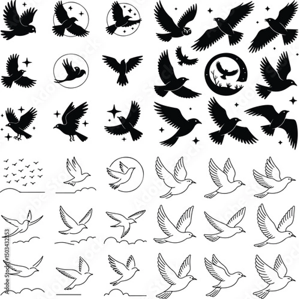 Fototapeta Flying Birds Silhouette Set – Elegant Bird Vector Collection Birds in Flight Silhouettes – Minimalist Nature Clipart Pack