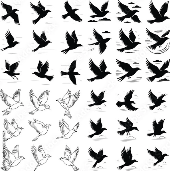 Fototapeta Flying Birds Silhouette Set – Elegant Bird Vector Collection Birds in Flight Silhouettes – Minimalist Nature Clipart Pack