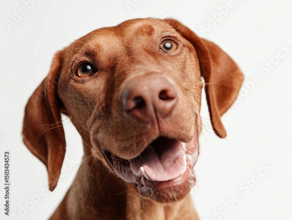 Fototapeta A cheerful brown Hungarian vizsla dog with large ears and bright eyes displays a playful demeanor. The animal looks directly at the viewer, exuding friendliness in a bright setting.