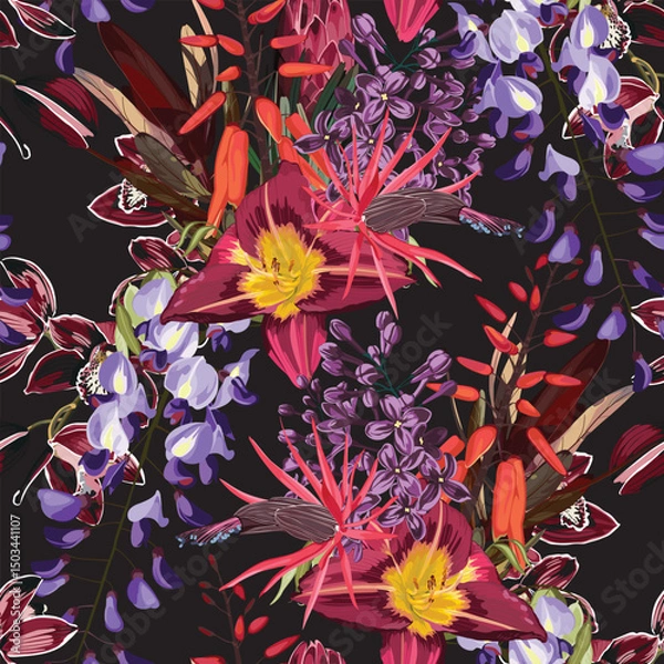 Obraz Seamless Pattern. Garden flowers. Magical lily, lilac, orchid flowers. Realistic vector image. Print for all types of surfaces. Trendy print.
