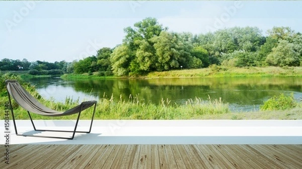 Fototapeta Relax space point of view lagoon in hotel - 3d rendering